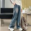 Teens School Children Trousers Spring Star Design Casual Loose Jeans for Girl Elastic Waist Fashion Kids Straight Pants