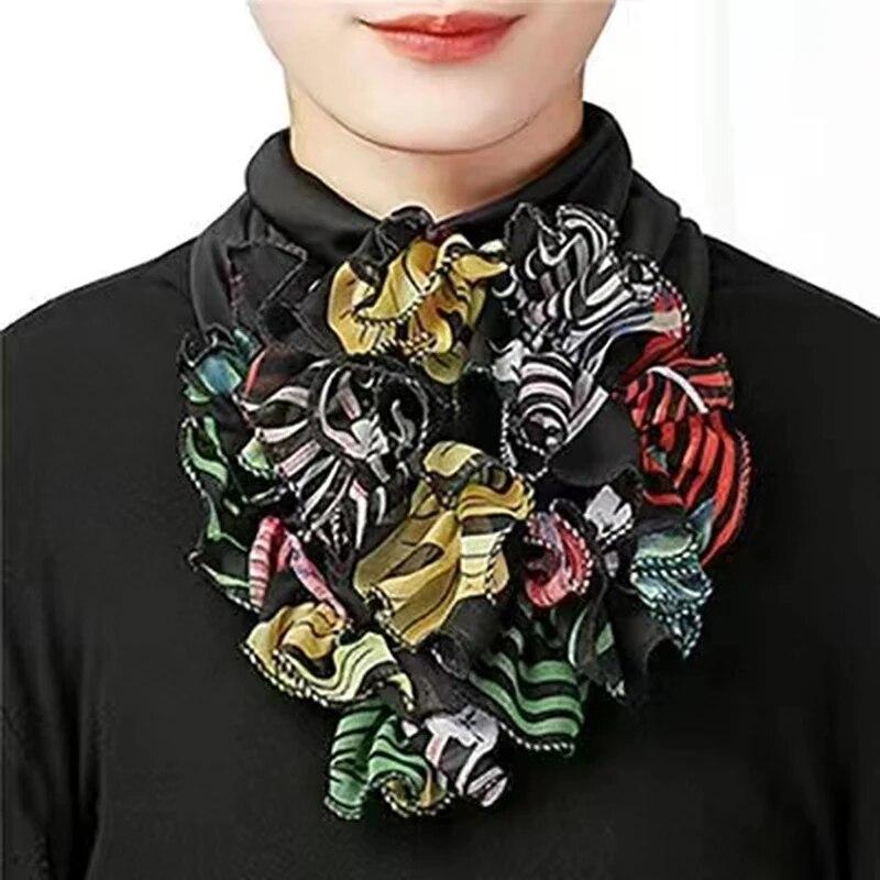 Floral Print Chiffon Neck Collar Ruffles Fake Collar Elegant Women Neckerchief Detachable Neck Warm Instant Scarf 23*14cm