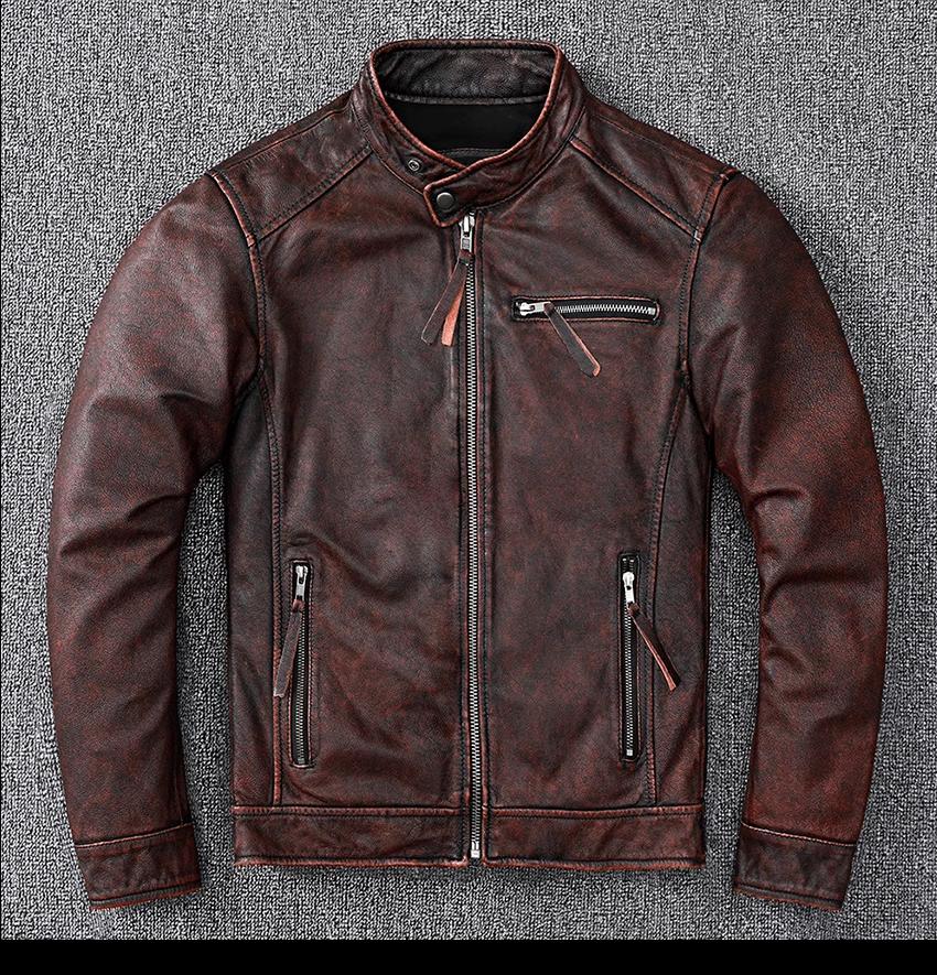 Genuine Soft Cowhide Leather Jacket for Men Slim Fit Stand Collar Biker Coat