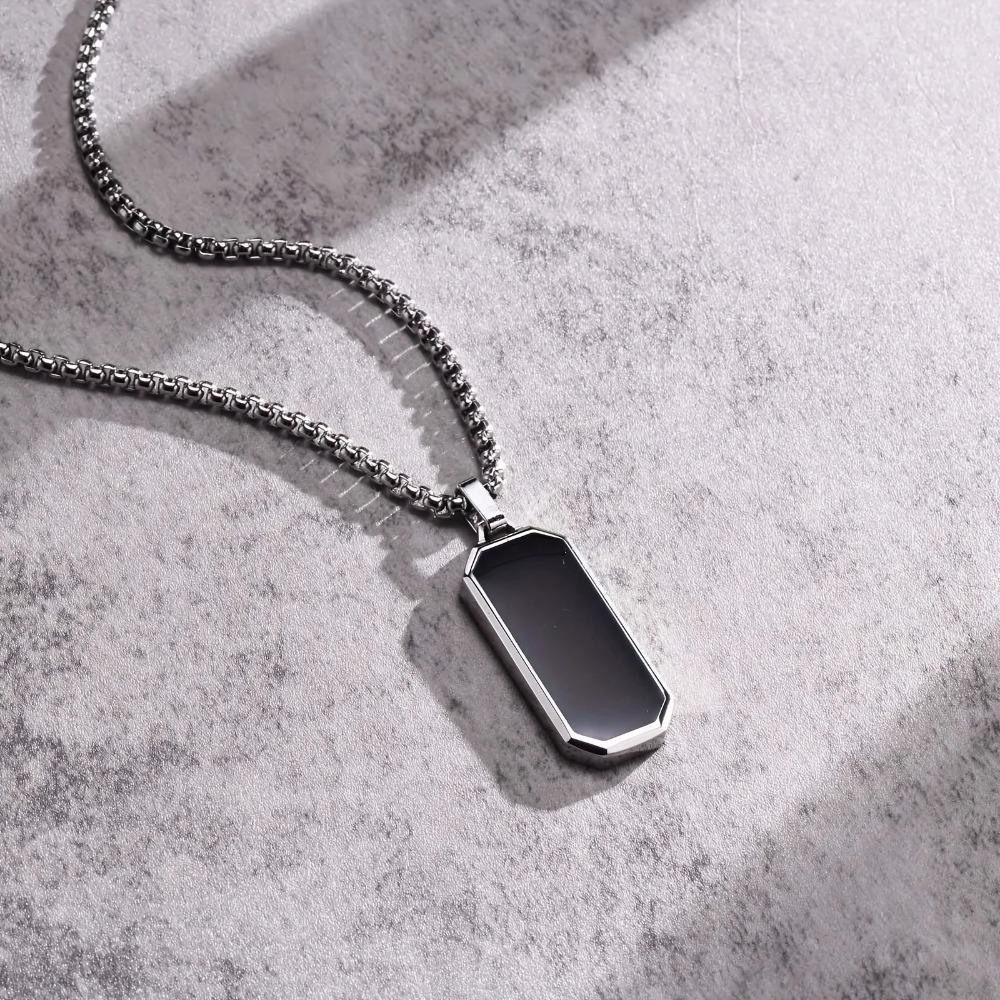 Elegant Men's Stainless Steel Necklace with Sleek Black Pendant - Geometric Design, Non-Magnetic