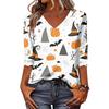Women's Casual Halloween Print V Neck Top Three Quarter Sleeve Lightweight Blouse for Fall Seasonal Wear