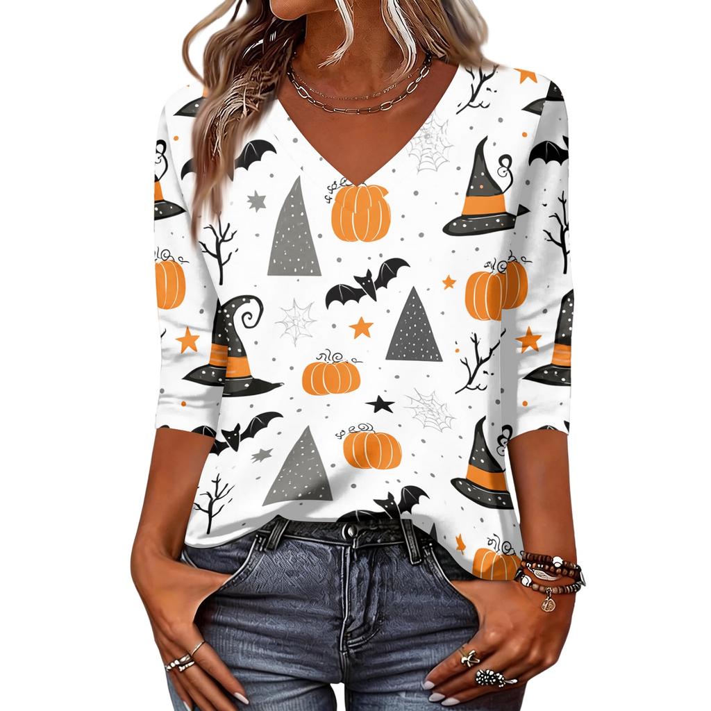 Women's Casual Halloween Print V Neck Top Three Quarter Sleeve Lightweight Blouse for Fall Seasonal Wear