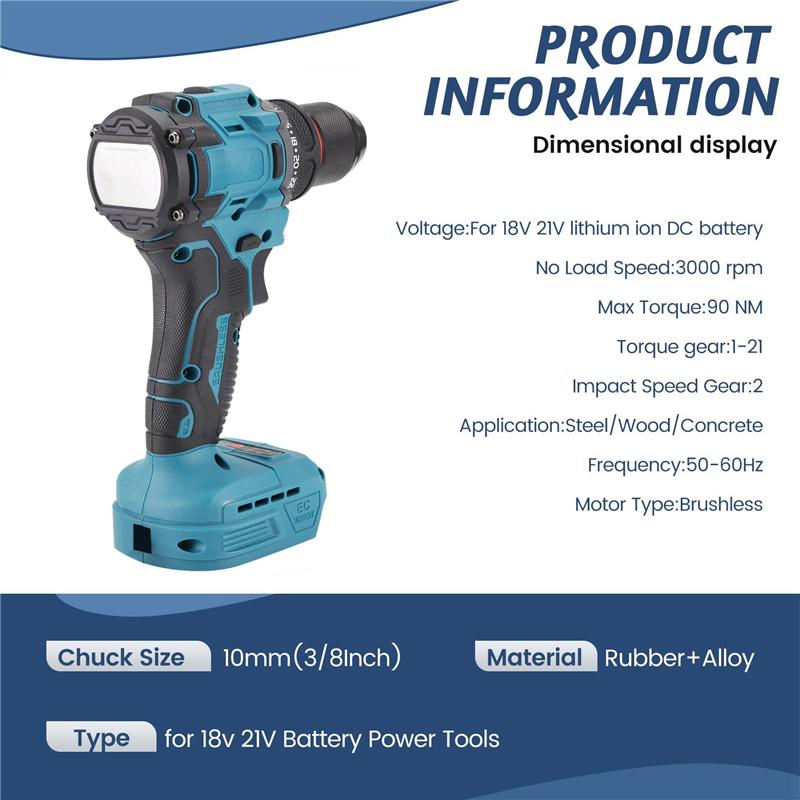 A96I-Electric Drill 3/8Inch 90Nm Cordless Electric Drill Brushless Hand Screwdriver For 18V 21V Battery Power Tools