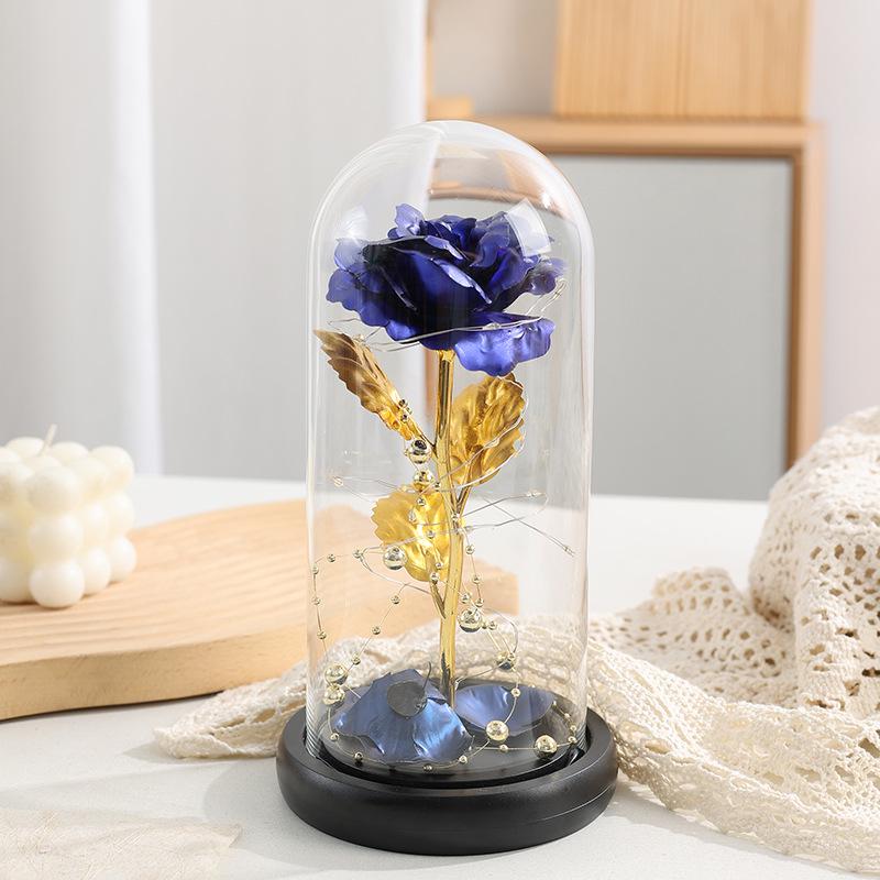 Ornamento de Luz Cúpula de Vidro Flor Rosa Folha de Ouro Feito à Mão - Caixa de Presente Dia dos Namorados