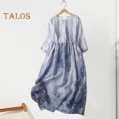 Women's Summer Plus Size Linen Dress Casual Floral Round Neck 3/4 Sleeve Midi Dress Loose Flowy Beach Sundress