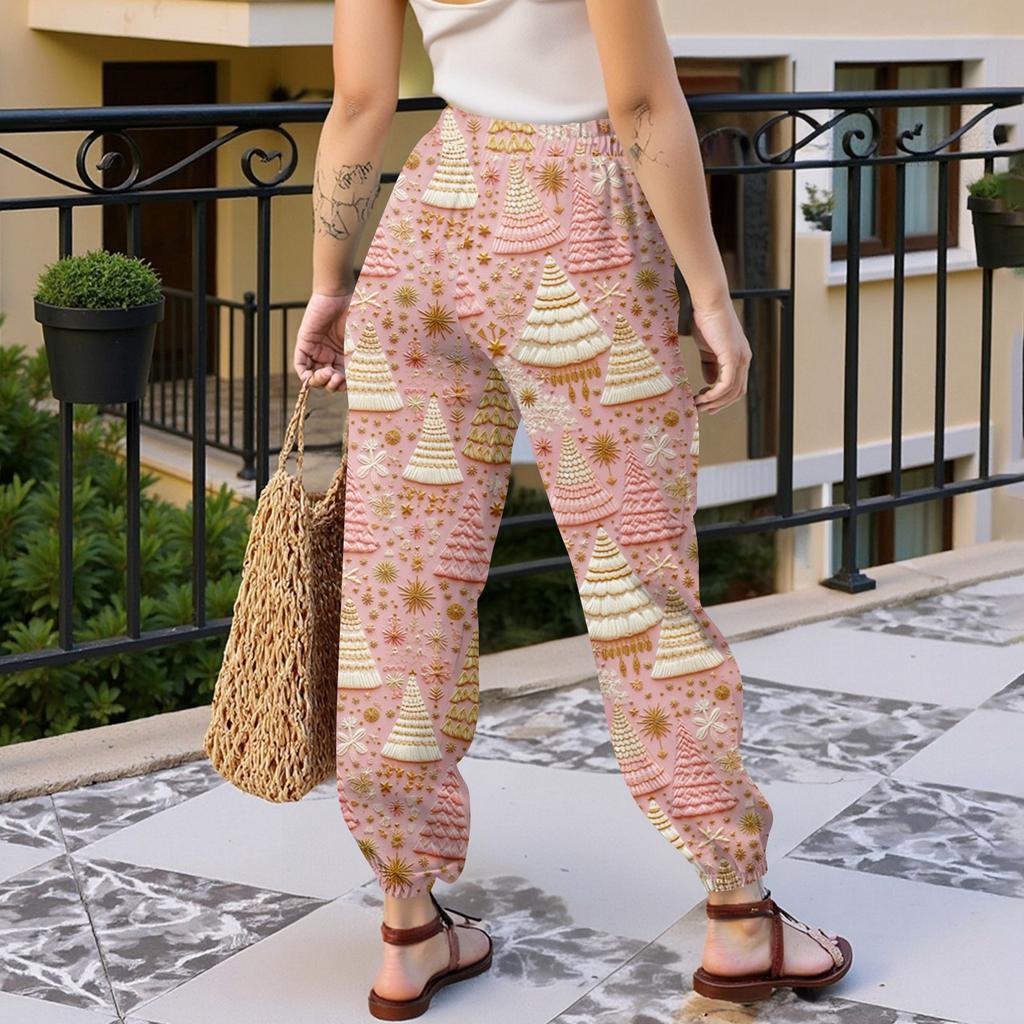 Pantaloni de trening casual de damă cu imprimeu de Crăciun, cu talie cu șnur și manșete la glezne