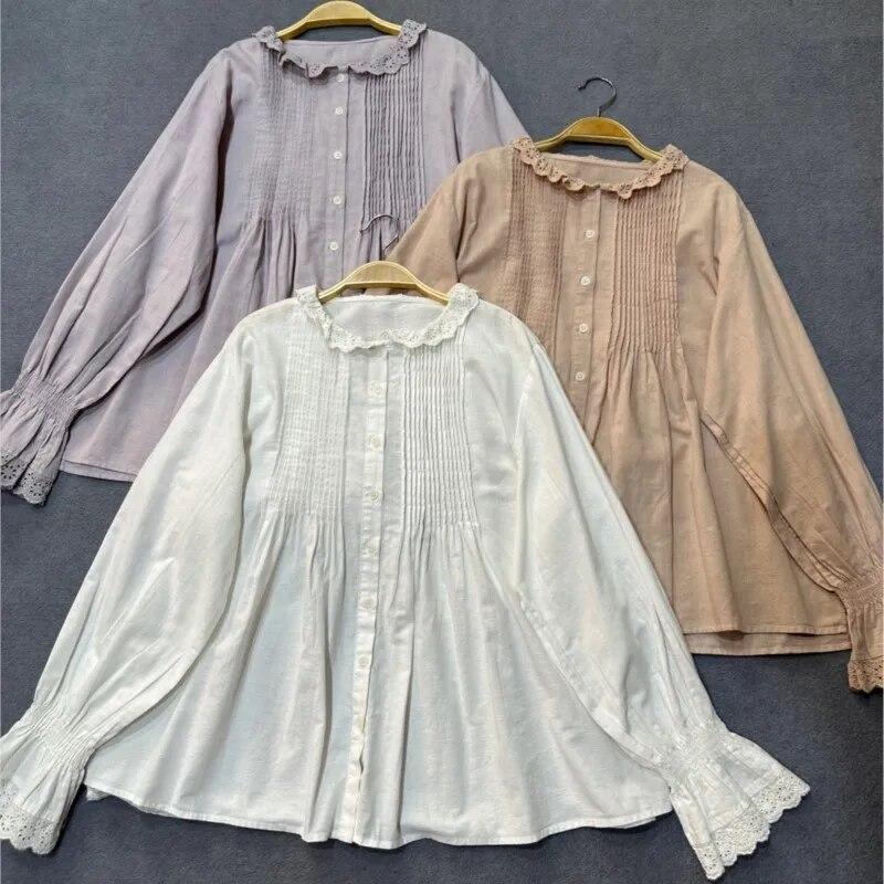 

Johnature повседневные японские рубашки ранняя осень свободные универсальные кружевные рукава расклешенная блузка с длинными рукавами женская