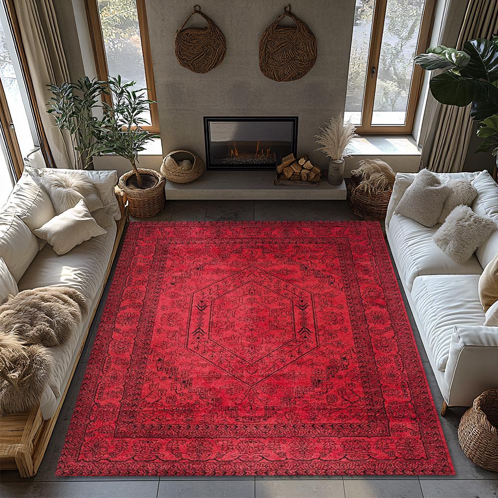 Red Bohemian Area Rug, Ethnic Pattern Non-Slip Carpet, Cozy Living Room Mat for Natural Home Decor