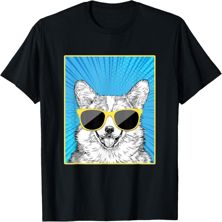 Corgi Portrait Pop Art Dog with Sunglasses T-Shirt S
