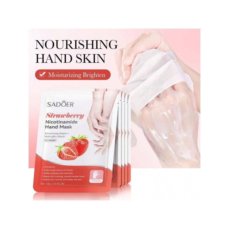

1 пара = 2 шт., увлажняющая, отбеливающая и питательная маска для рук с клубникой и ниацинамидом, восстанавливающая, отшелушивающая, гладкая, уход за кожей рук 5Pairs