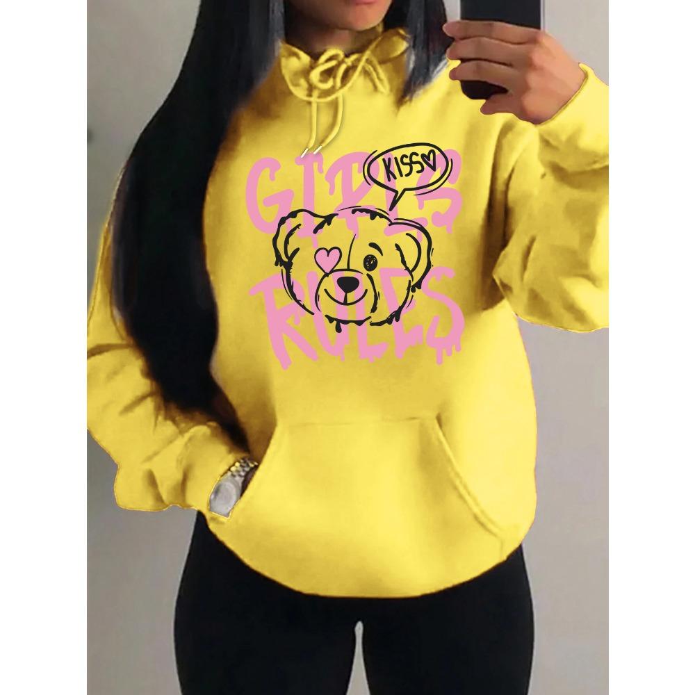 Girls Rules Pink Kiss Cartoon Love Bear Design Women Hoodies Autumn Y2K Hoody Casual Sportswear Fleece Clothes