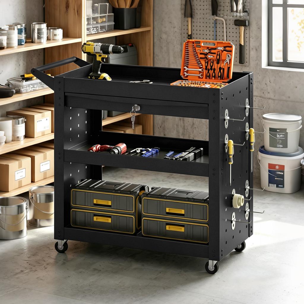 Tool Cart with Lockable Wheels, Rolling Workshop Cart with 3-Tier Trays, Drawer, Pegboards, Black