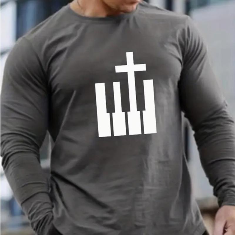 Personality Cross Print Men's Tshirts Long Sleeve Tees Round Neck Casual Pullover Men's Clothing Plus Size