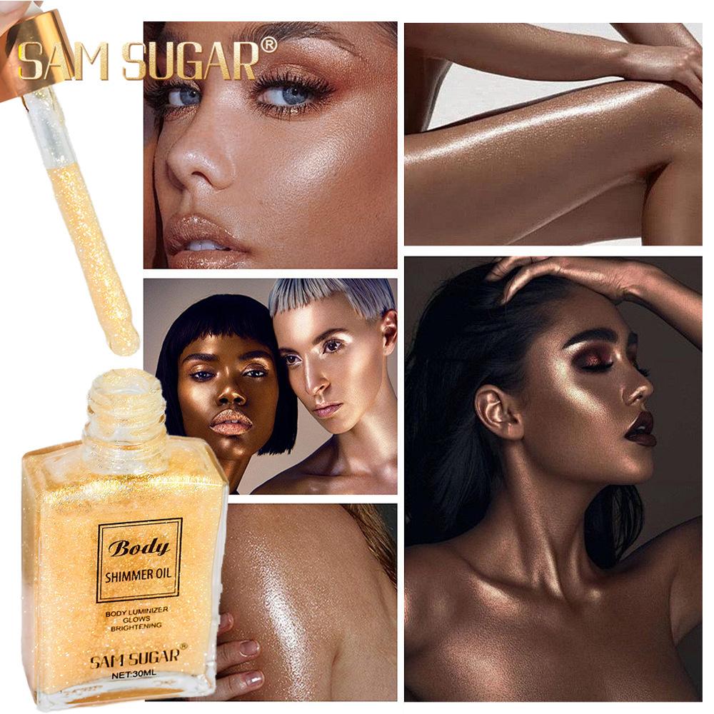 SAM SUGAR Olio Scintillante per il Corpo Illuminante Liquido Illuminante Viso e Corpo Glow da Spiaggia Glitter Fini Luminizzante Idratante Trucco per Donne
