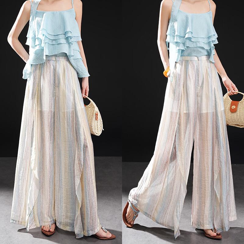 Women s Tencel Blend Striped Wide-Leg Pants L желтой полосы