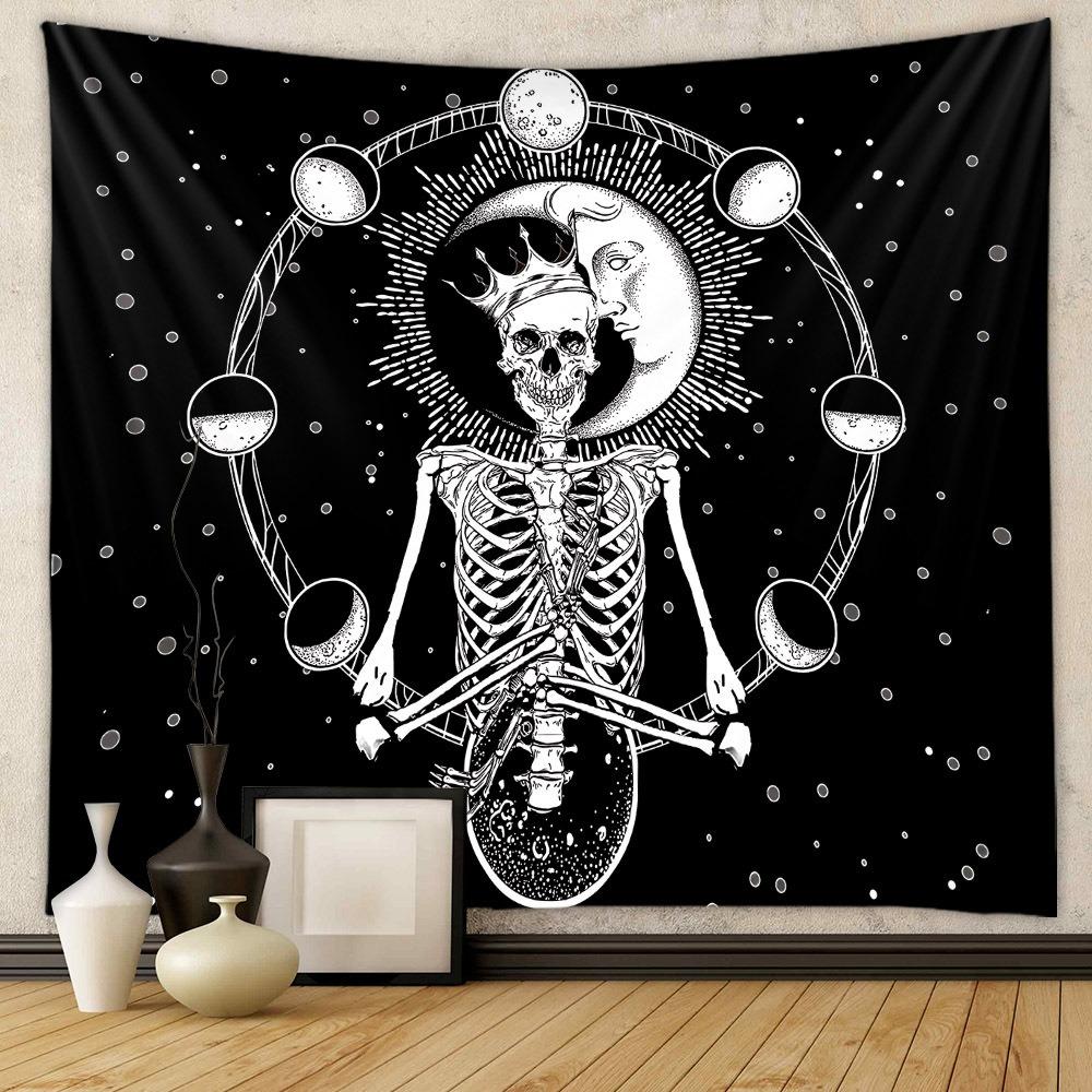 The Lovers Tarot Card Tapestry Skeleton Kissing Wall Hanging Vintage Floral Polyester Decor for Bedroom Living Room Aesthetic