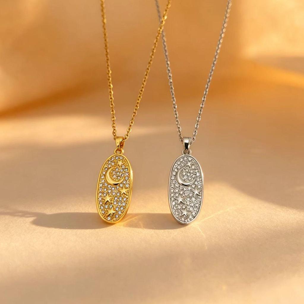 Gold Star & Moon Oval Pendant Necklace - Elegant & Versatile Gift for Couples