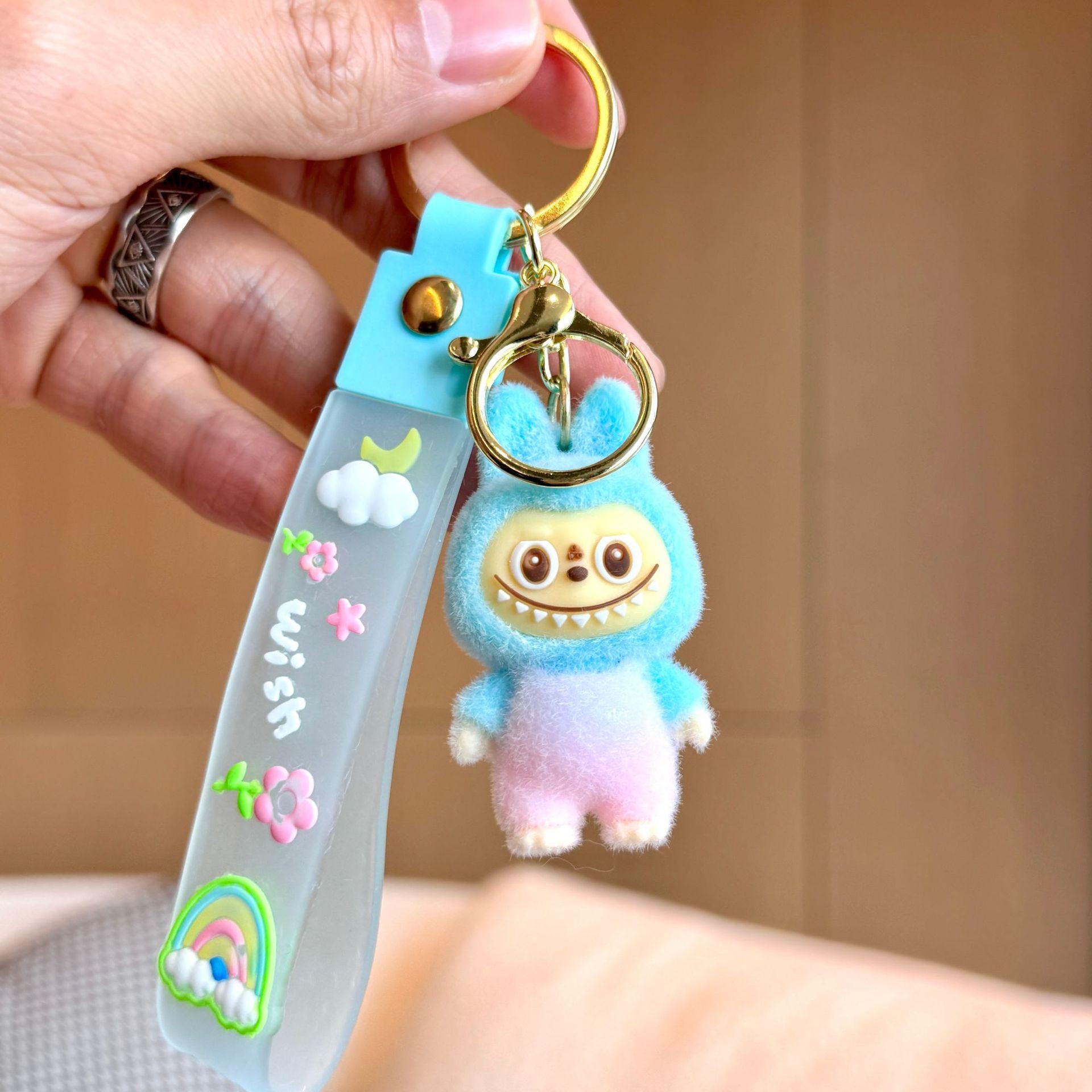 Cartoon Rab Flocked Keychain Pendant Labubu Schoolbag Pendant Cute Three-dimensional Doll Key Chain
