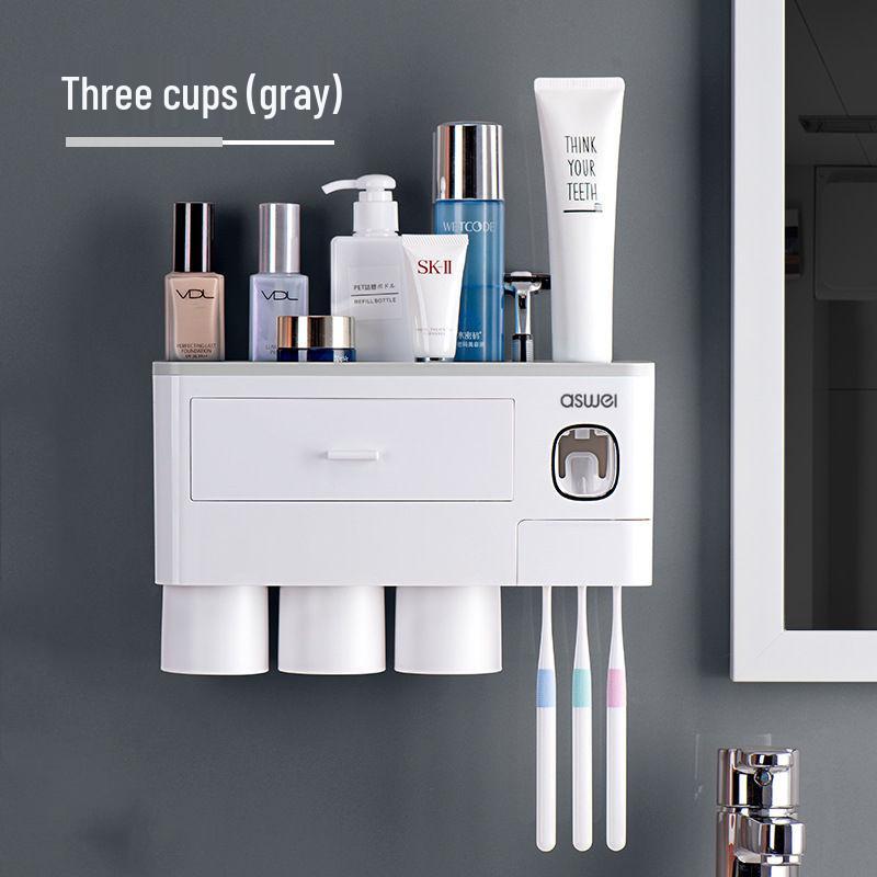 Drawer-Style Wall-Mounted Toothbrush Holder Set with Magnetic Suction Mouthwash Cup