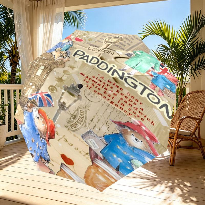 Paddington Bear Print Automatic Open Close Umbrella, Portable Foldable Umbrella, for Outdoor Commute Camping Trip, Ideal Birthday Gift