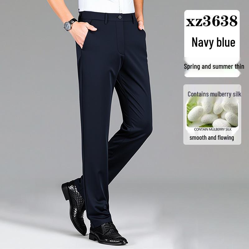 Men's High-Quality Mulberry Silk Business Casual Pants – Non-Iron, Elastic, Straight Leg for Spring/Summer