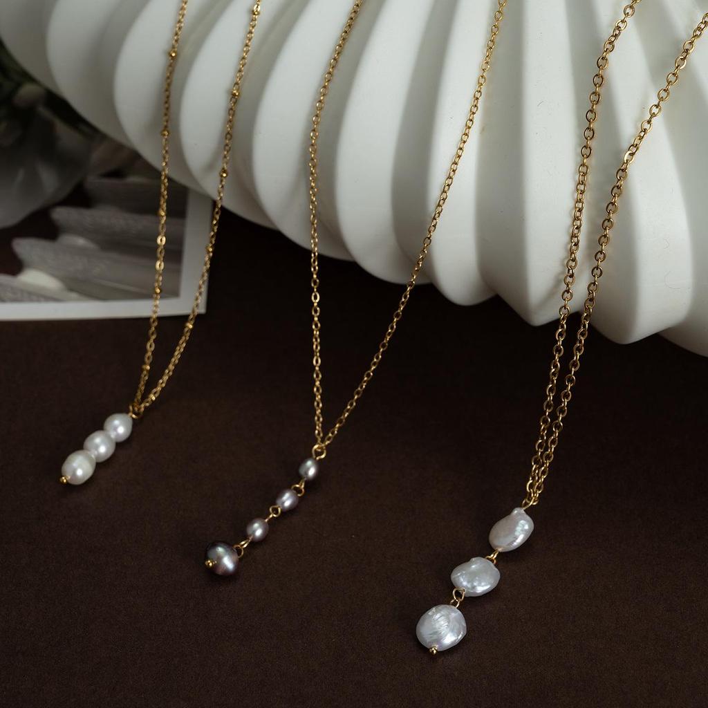 Elegant Y-shaped Gold Plated Natural Pearl Necklace, Stainless Steel, Colorfast, Fashionable and Versatile Clavicle Chain