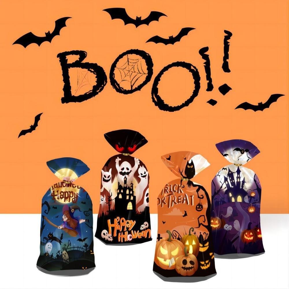 50pcs Cute Snacks Candy Biscuit Bag Reusable Drawstring Bag Ghost Halloween Candy Bag  Holiday Party