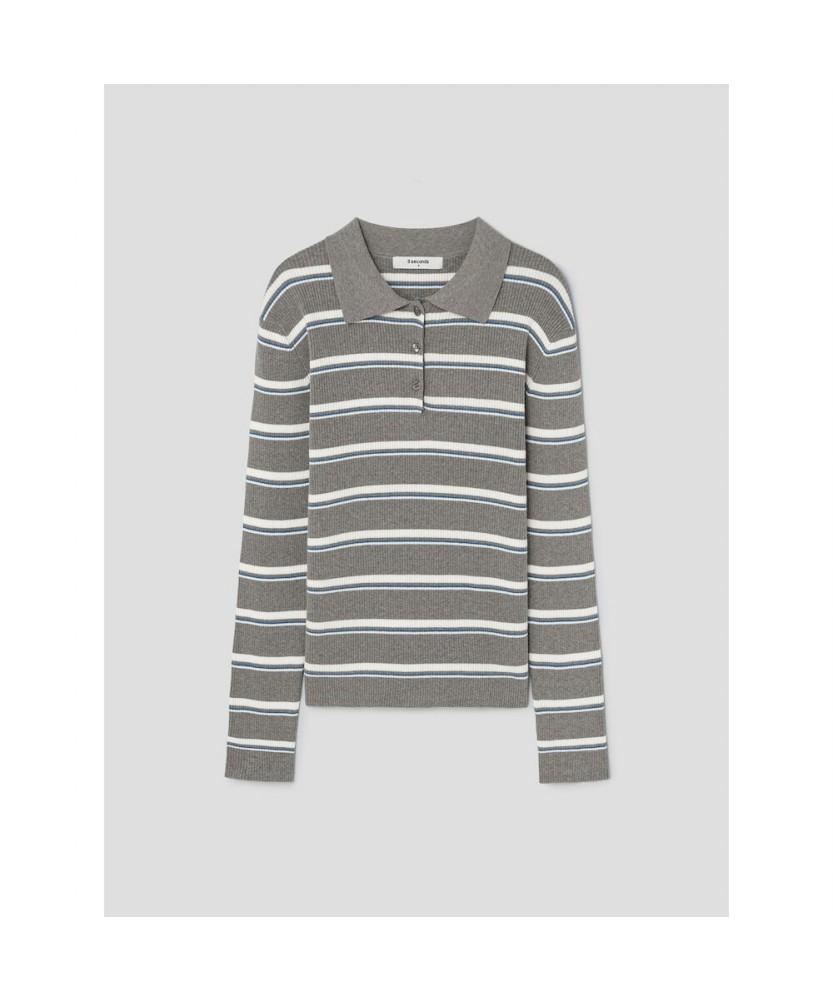 8seconds Collared Neck Striped Pullover Gray