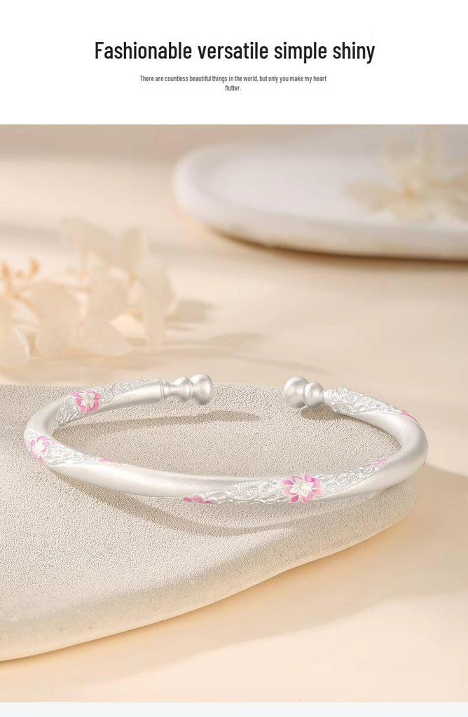 Sterling Silver 9999 Enamel Gourd Flower Twisted Bangle for Women - New Chinese National Style Bracelet
