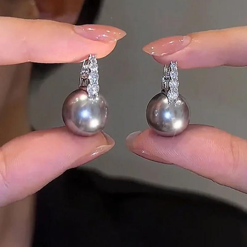 Neue Einfache Inlaid Zirkon Graue Perlenohrringe für Damen Modische Personalisierte Tägliche Accessoires Party Schmuck Geburtstagsgeschenke