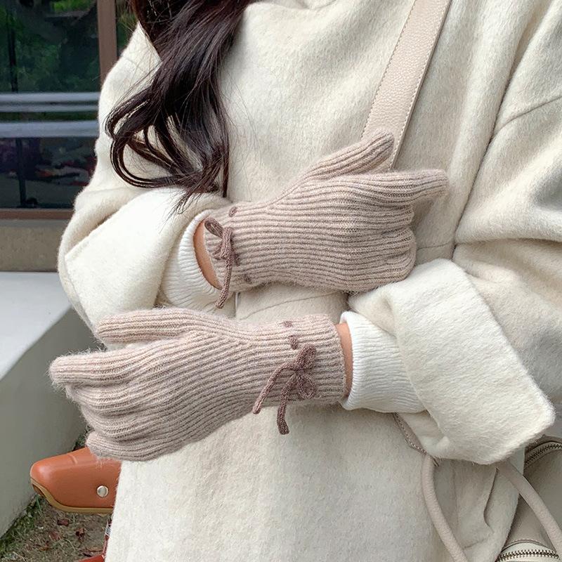 Damen Strick Schleifenhandschuhe Winter Warm Touchscreen Handschuhe Vollfinger Kawaii Japanische Jk Fahrradhandschuhe Y2K Accessoires