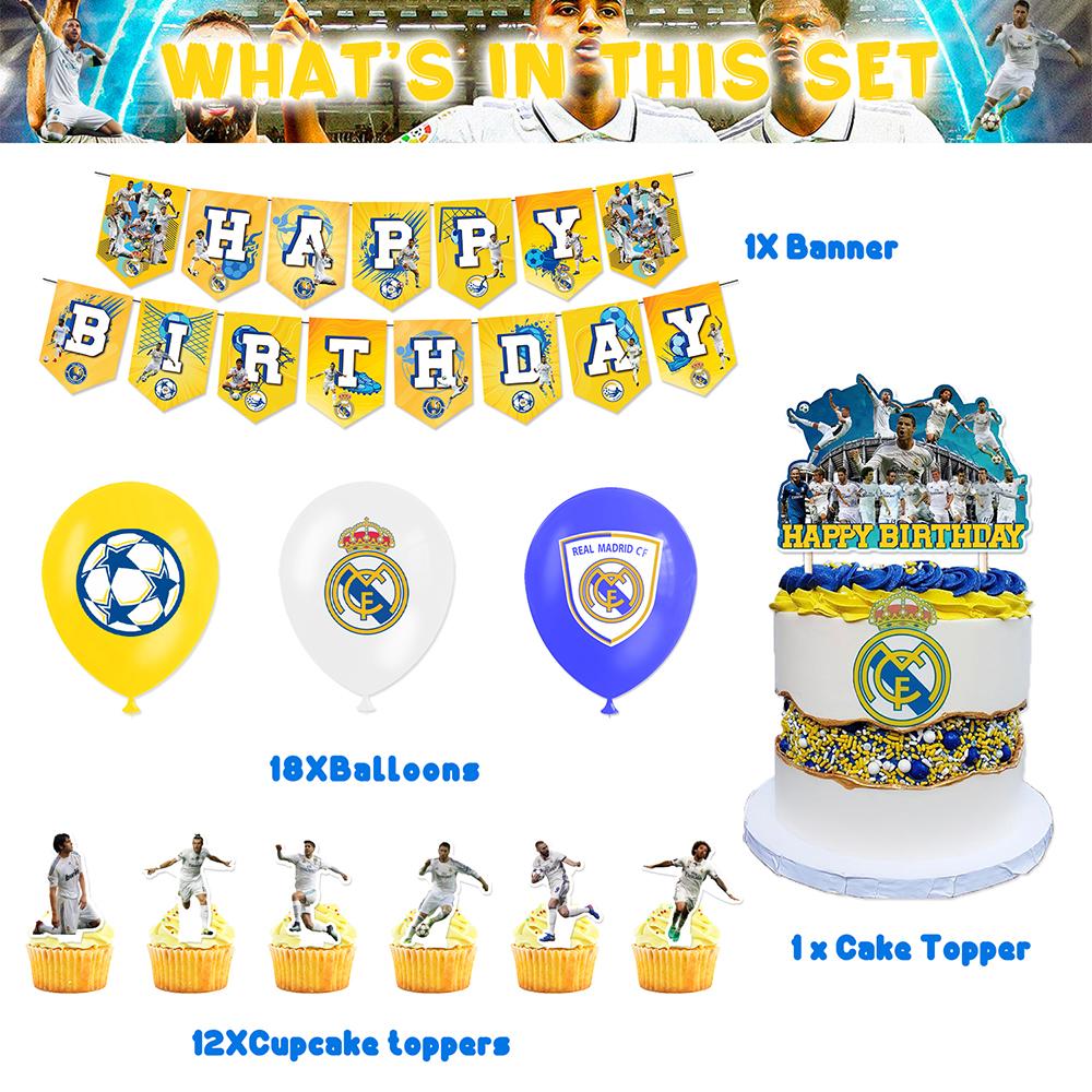 32ks Párty dekorací Real Madrid CF zahrnuje Banner, Topper na dort, Balónky
