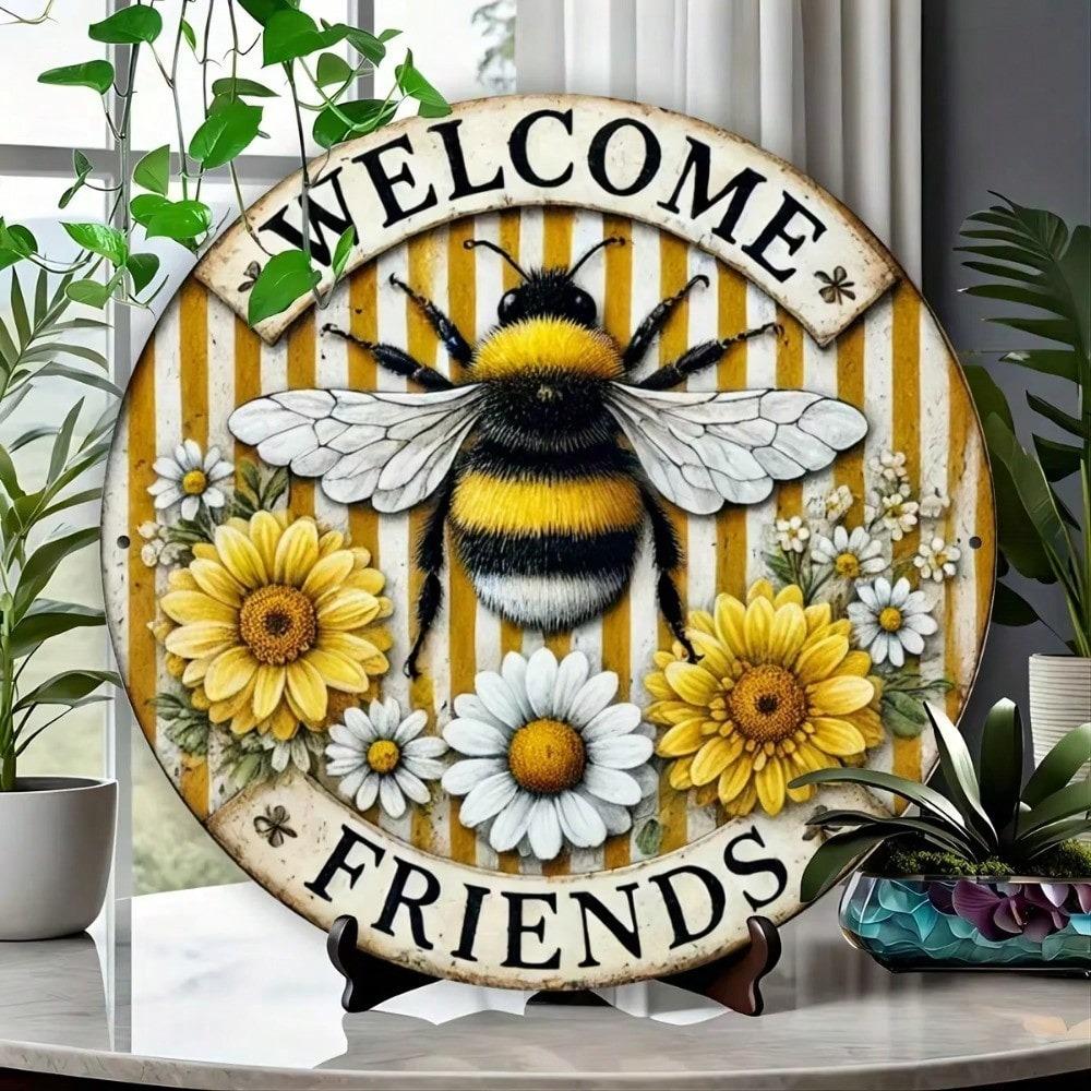 Metal Wall Art Welcome Bee Sign Vintage Home Bar Decor