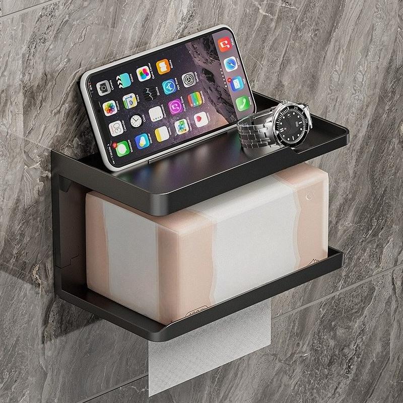 Bathroom Wall-Mounted Tissue Box Tissue Holder No-Punching Design Toilet Paper Roll Holder Storage Rack Modern Simple Style