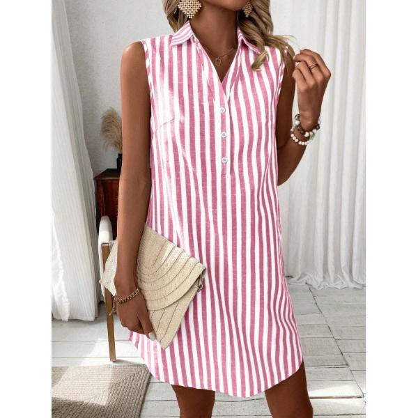 Un Vestito Camicia a Righe Senza Maniche con Scollo a V e Bottoni, per una Donna alla Moda, Morbido e Casual