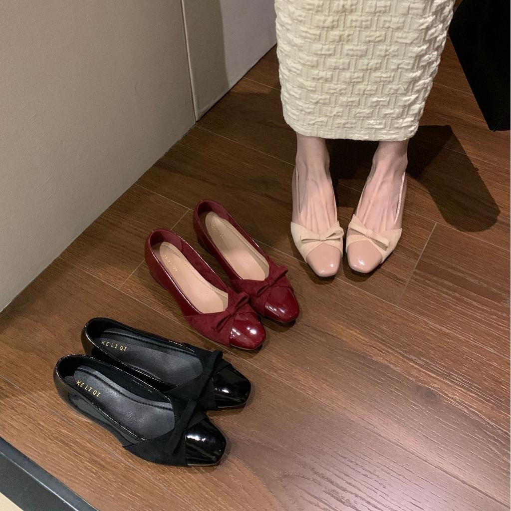 French Thick Heel Fairy Patent Leather Bow Single Shoes Light Mouth Square Head Commuting Splicing Low Heel Shoes Gentle Red Nude