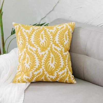 Home Decor Embroidered Cushion Cover Yellow Ginger/White Geometric Floral Canvas Cotton Square Embroidery Pillow Cover 45X45Cm