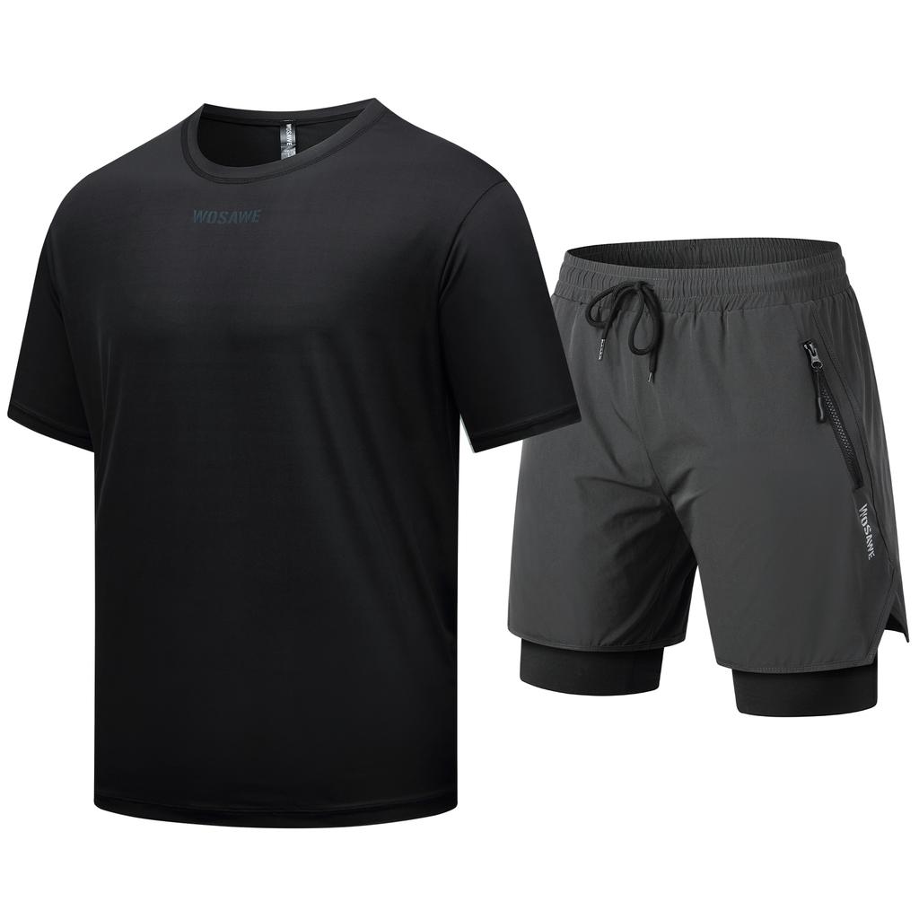 WOSAWE Męska i Damska Koszulka z Krótkim Rękawem na Rower Górski Outdoorowy Jazda na Rowerze Zestaw Spodenek MTB 2 w 1 z Wkładką