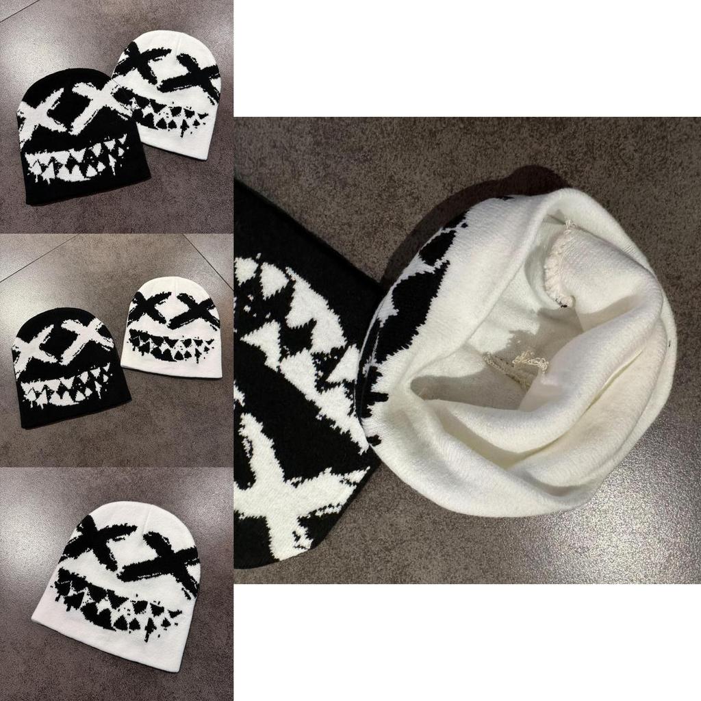 Halloween Knit Beanie With Funny Ghost Teeth Pattern For Cosplay And Party Costumes