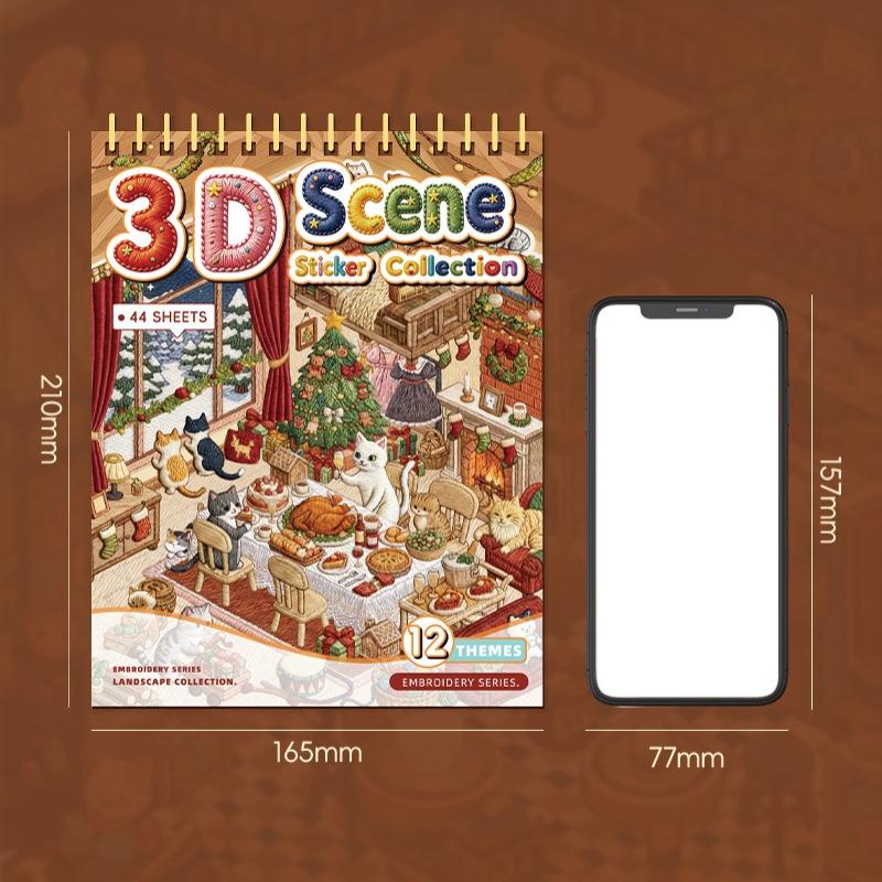 3D Scene Sticker Collection Book 44 Sheets 12 Embroidery‑Style Themes Layering Diorama Stickers Diy Scrapbooking