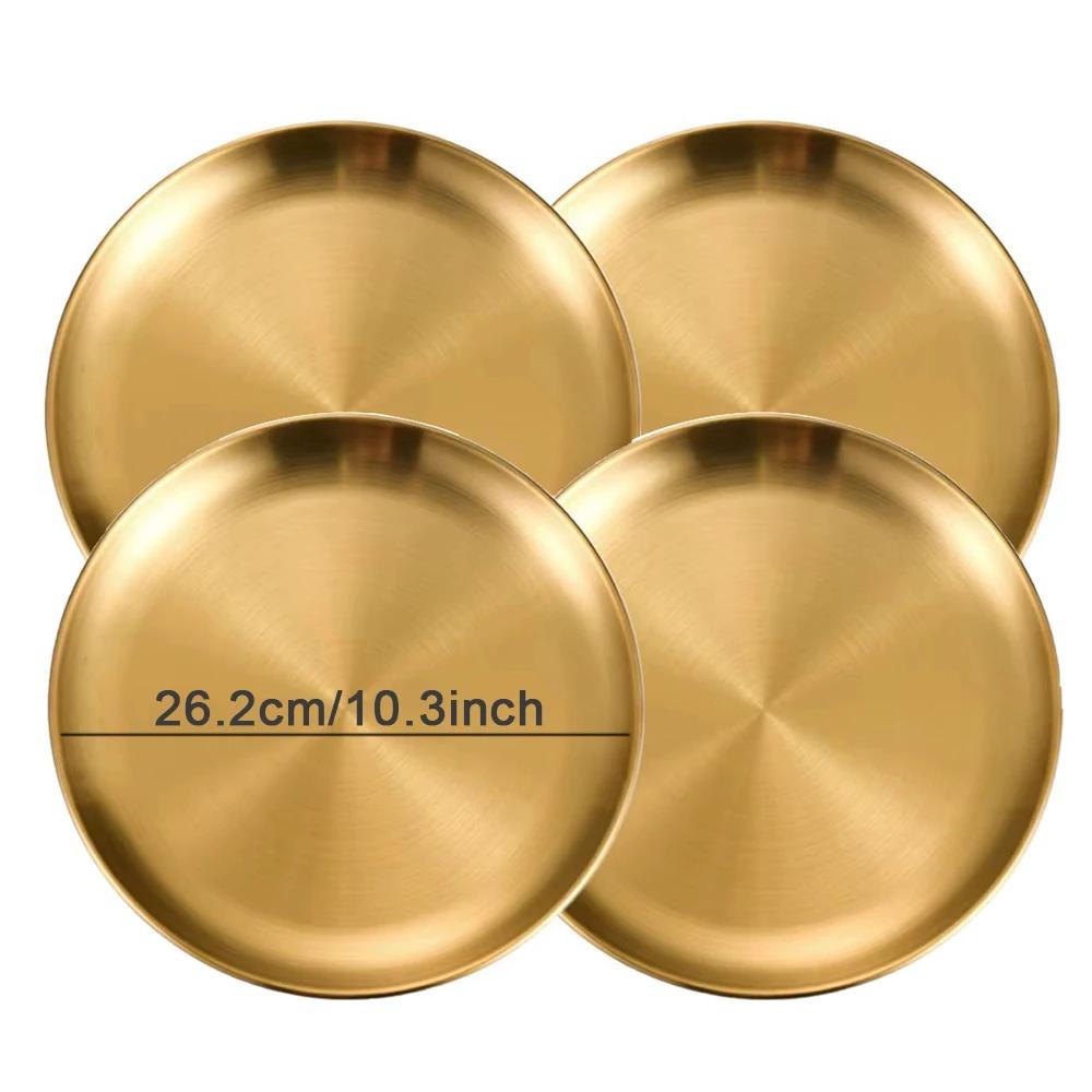 4PC Metal Dining Dish Stainless Steel Round Plate Shallow Tray BBQ Picnic Camping Food Container Tableware Dessert Plate Kitchen