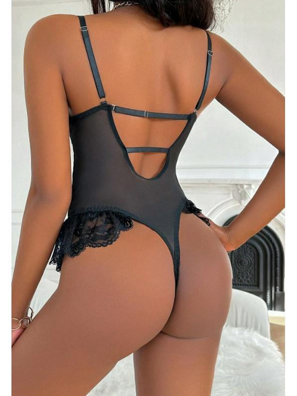 Sexy Lace Patchwork Waist-Shaping Backless Bodysuit with Hidden Button Closure