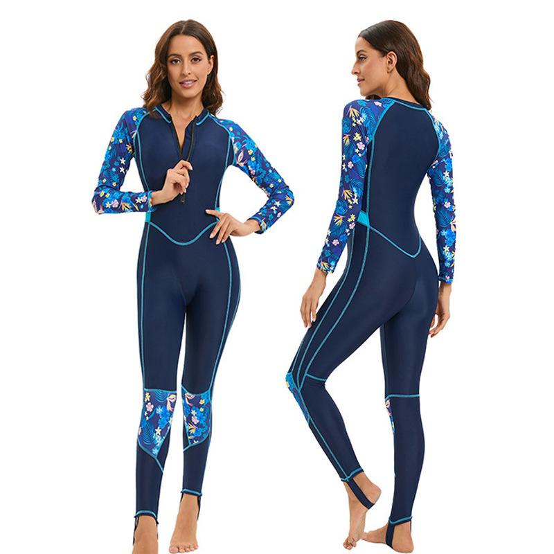 

One-piece swimsuit women s long-sleeved quick-drying wetsuit sun protection large size conservative and thin surf suit S синий