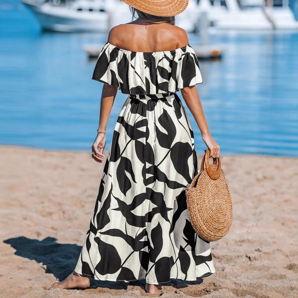 European and American Women's Clothing High Split Ends Women's Dress Leaf Print Long Dress Short Sleeve One-word Shoulder Holiday Style Skirt