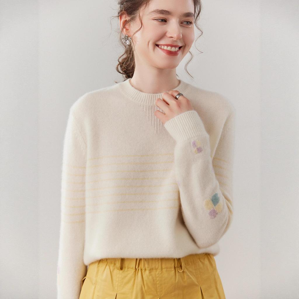 Women's Thickened Fleece Striped Knit Sweater - Light Luxury Autumn/Winter Round Neck Top