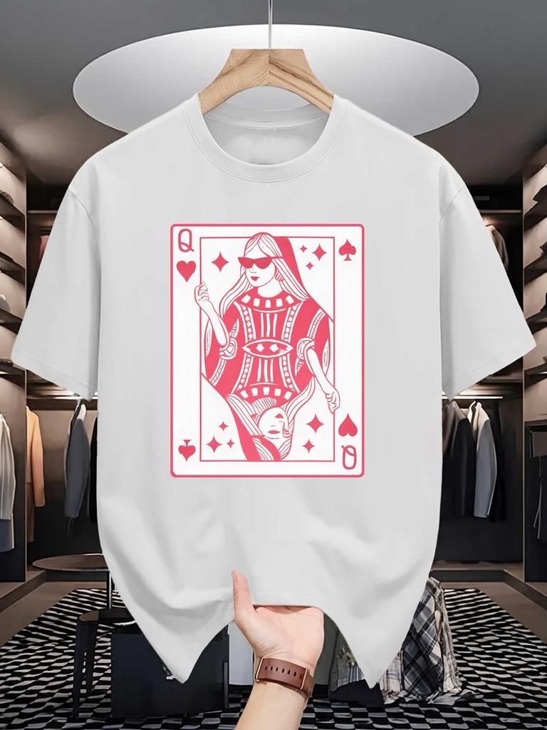 Yellow Unisexs Tee Retro Poker Queen Card Print Crew Neck Cotton Short Sleeve Fashion Male Street Summer Soft Daily Casual Wear