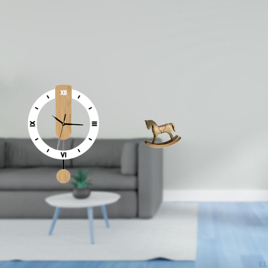 Acrylic Roman Numerals Wall Clock Ornament Blends with Retro Rocking Horse Wood Sculpture Artistic