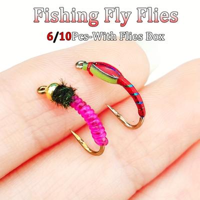 Fly Fishing Flies Bait 6/10Pcs/Set Dry Flies Brass Head Midges Bait&Caddis Midges Bait, for Trout Salmon Pike Fishing Fly Artificial Insect Lures