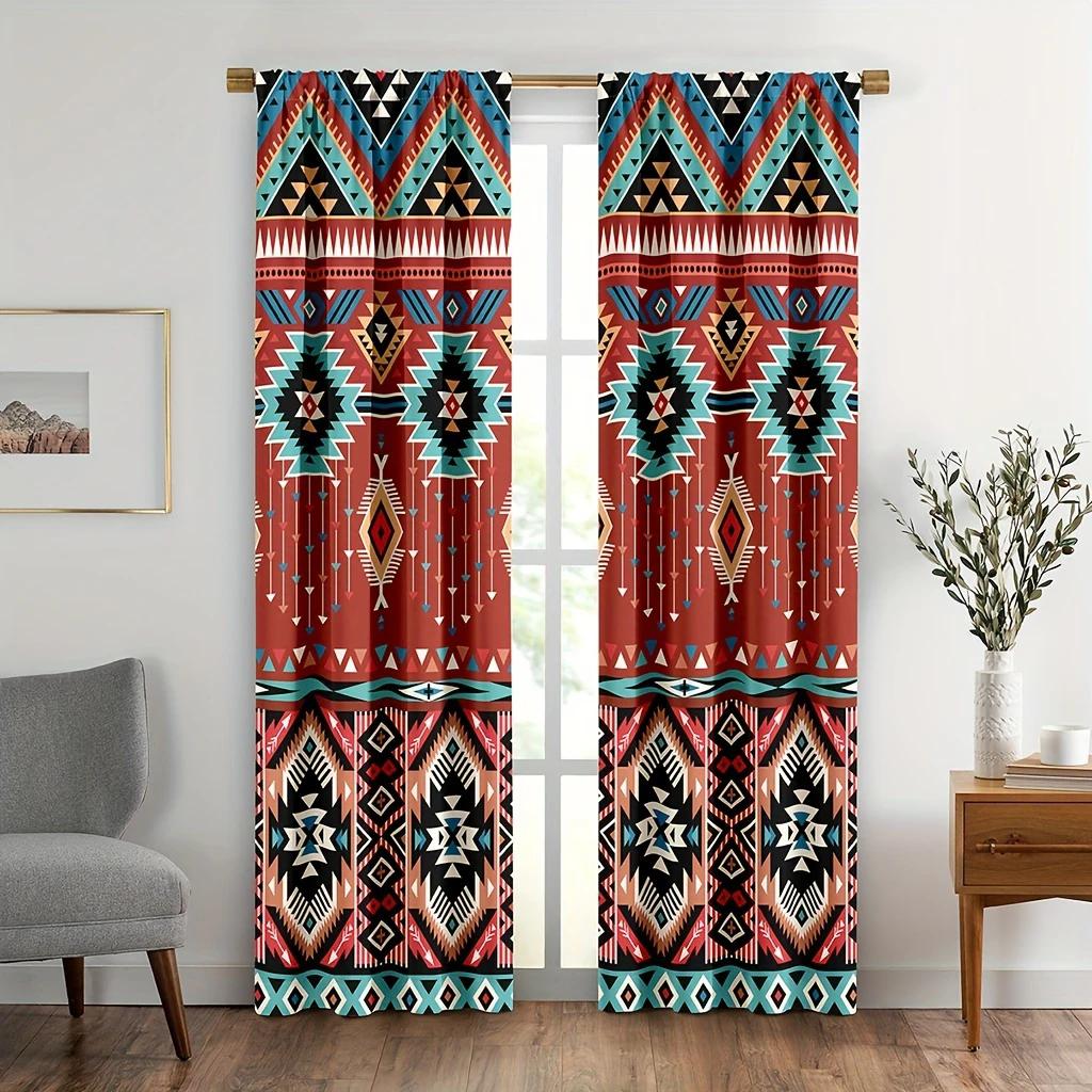 2PCS- Ethnic Retro Bohemian Mandola Pattern Printed Curtains, Pole Bag Curtains, Home Decoration, Room Decoration