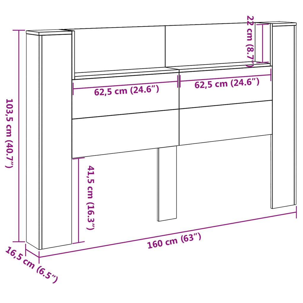 Headboard Cabinet with LED Lighting and Shelf White 160 x 16.5 x 103.5 cm